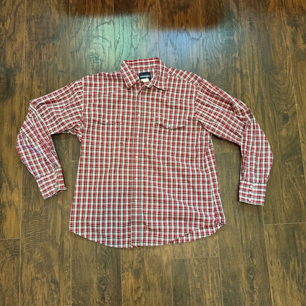 Vtg Wrangler Mens XL Western Red Plaid Long Sleeve Shirt Pearl Snap‎ Buttons